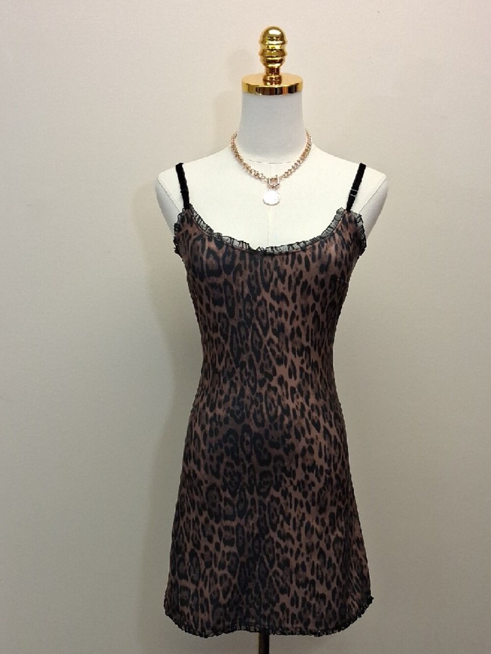 Bella Venice Leopard Print Slip Dress Lace Trim Mini Dress Size Small